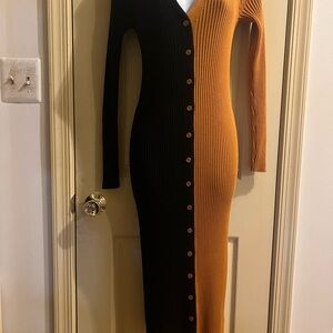 BCBG Two-Tone Black and Mustard Ribbed Button-Front Maxi